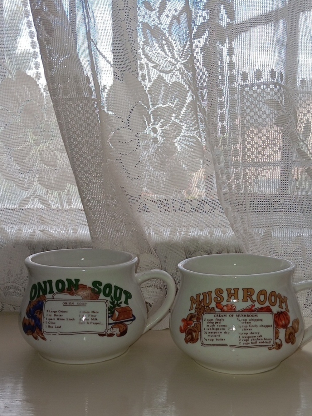 White Onion & Mushroom Soup Bowls Set - Ceramic Vintage Style